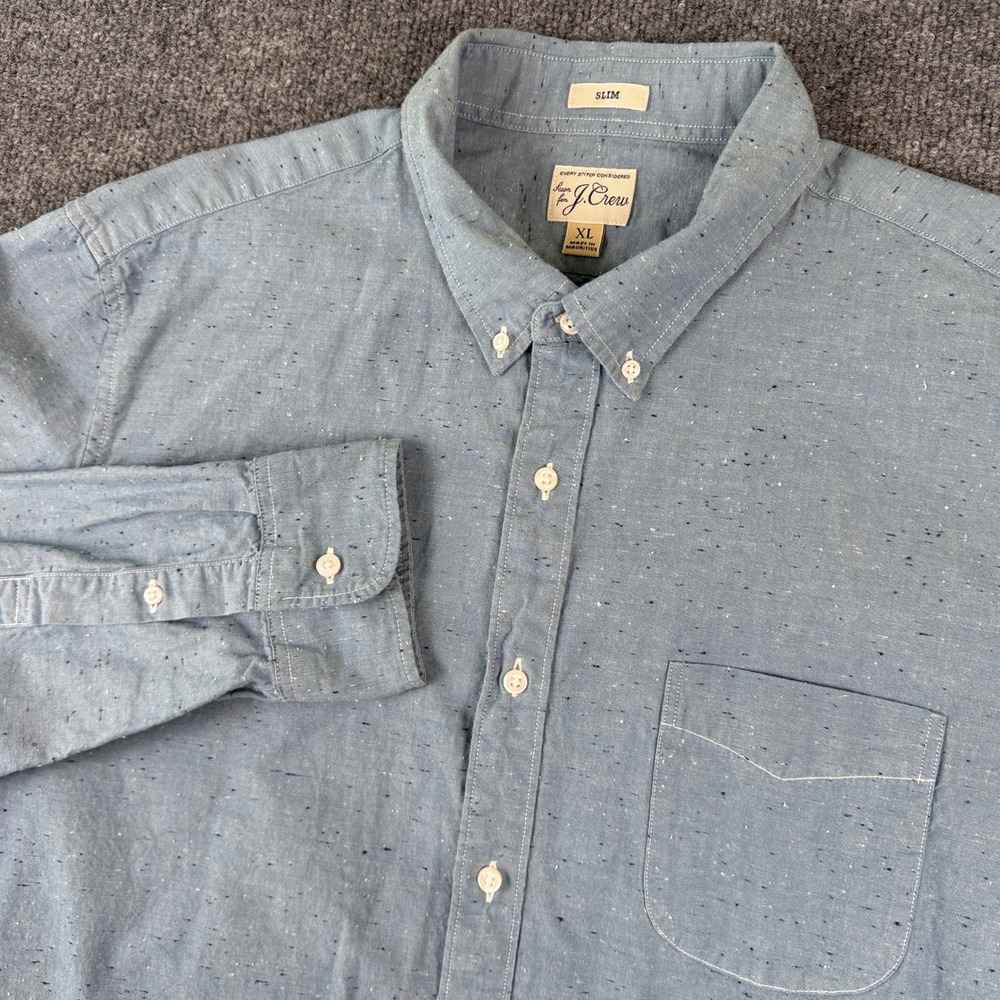 J Crew Shirt Mens XL Blue Chambray Denim Neppy Slub Speckle Long Sleeve Slim Fit